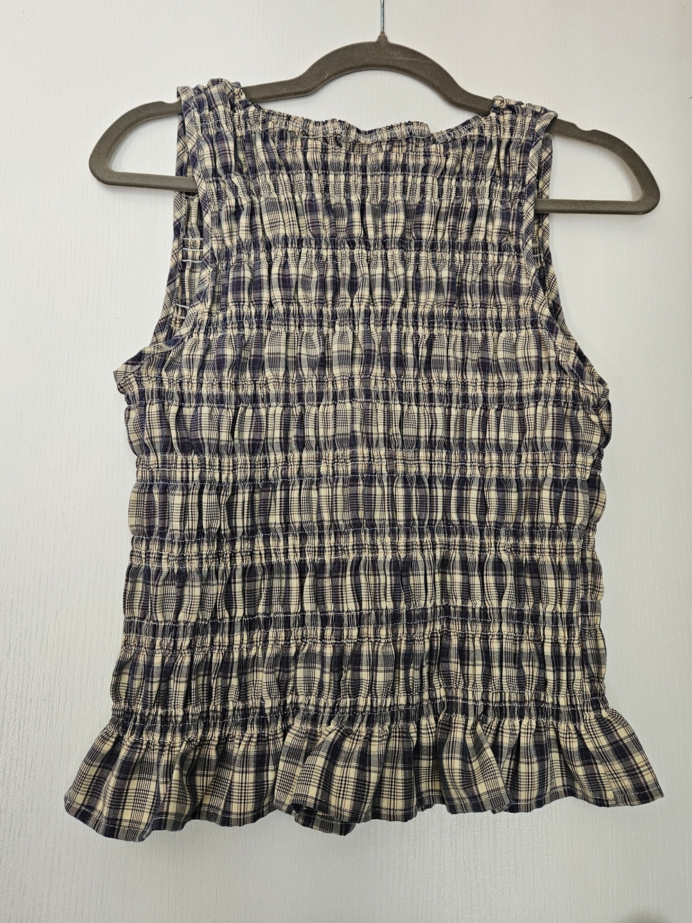 Smocked Plaid Sleeveless Top - Navy & Cream, L, 12-14